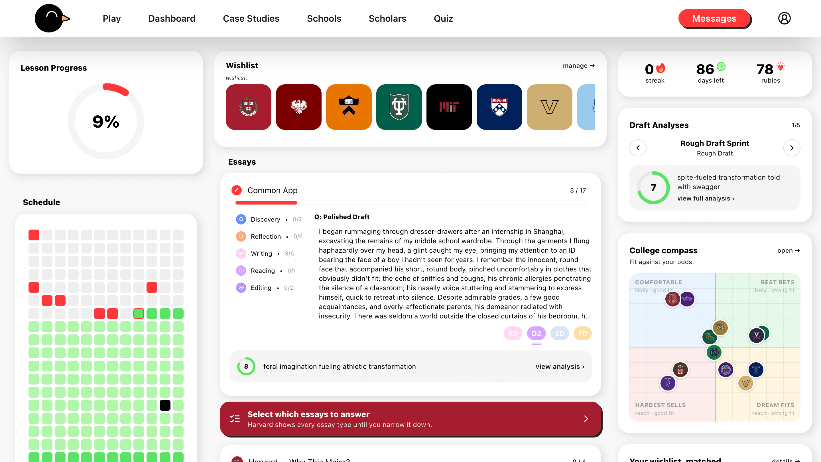AdmitRaven dashboard with lesson progress, schedule heatmap, wishlist, essays, and quiz results